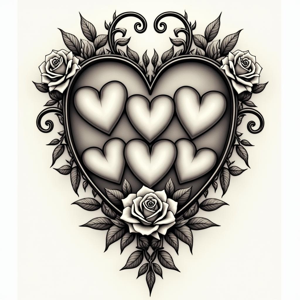 7 heartsin victorian style tattoo, featuring vintage and elegant elements, ornate frames, roses, antique, sepia-toned color scheme - Variation 4