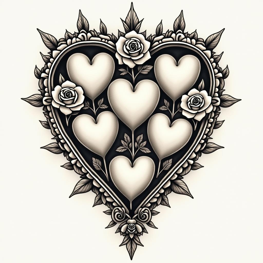 7 heartsin victorian style tattoo, featuring vintage and elegant elements, ornate frames, roses, antique, sepia-toned color scheme - Variation 3
