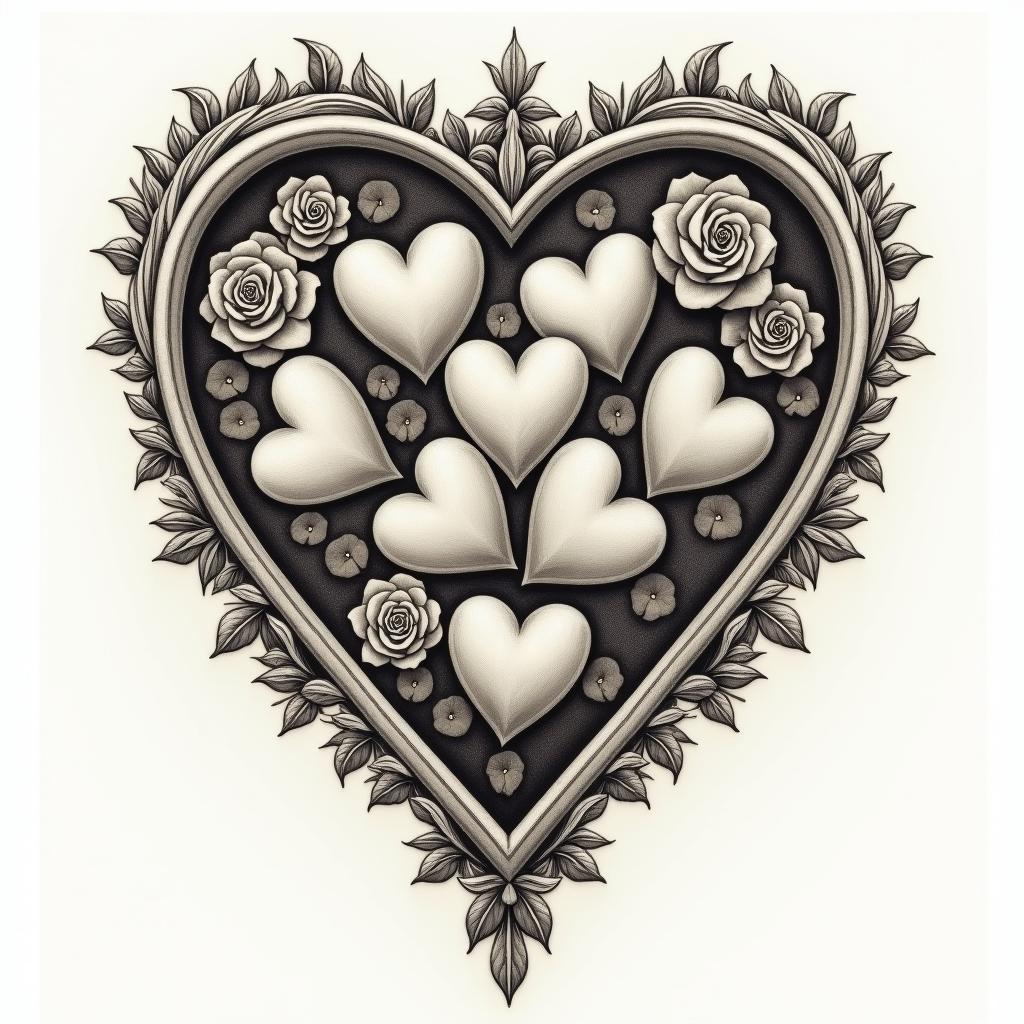 7 heartsin victorian style tattoo, featuring vintage and elegant elements, ornate frames, roses, antique, sepia-toned color scheme