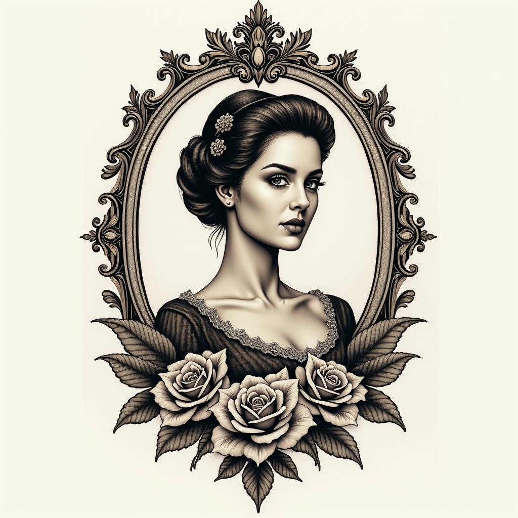 Lucas 1994 São Pauloin victorian style tattoo, featuring vintage and elegant elements, ornate frames, roses, antique, sepia-toned color scheme