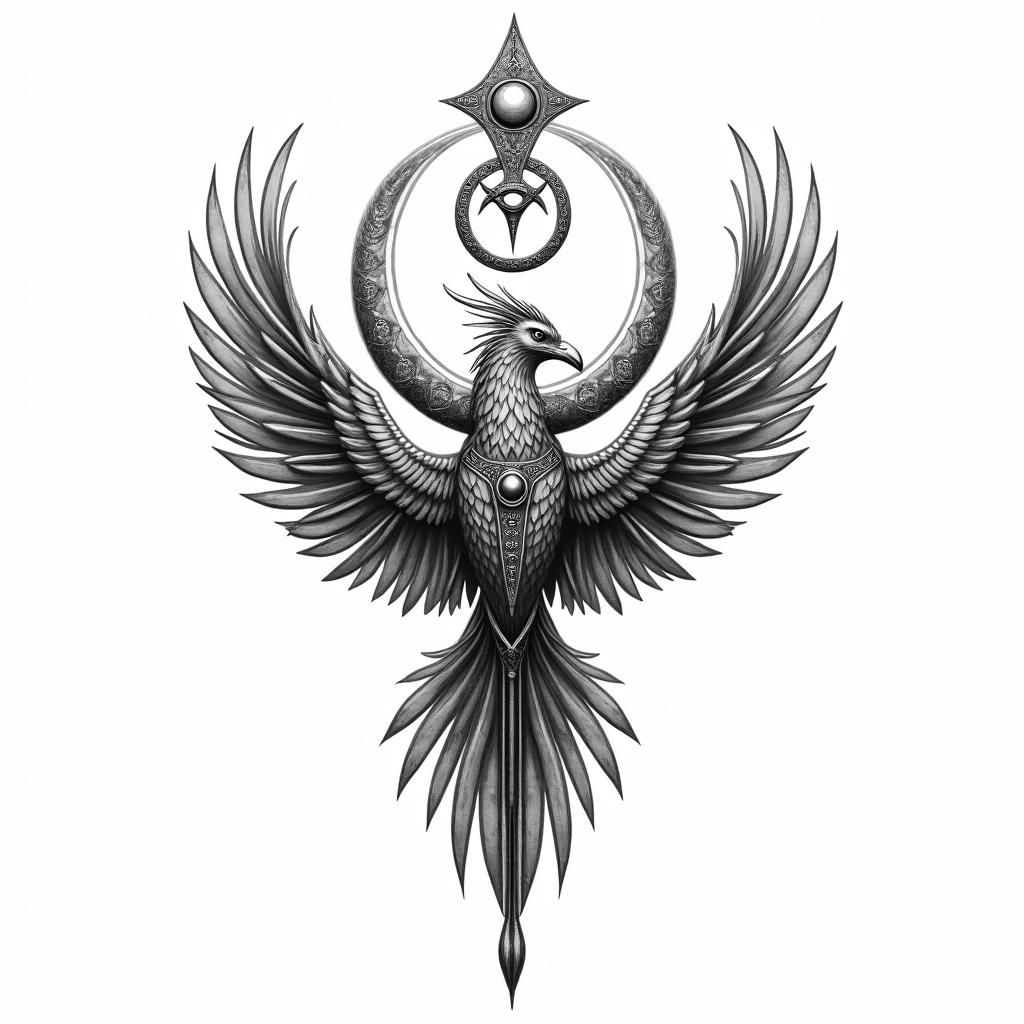 A realistic tattoo design featuring a blend of powerful symbols: an ankh, the Eye of Ra, the Eye of Horus, the Scorpio sign, and a cross. These symbols embody themes of rebirth, protection, and faith, representing a journey to a new life. Additionally, include a majestic phoenix rising, symbolizing transformation and renewal, all intertwining in an elegant composition that tells the story of overcoming adversity and invoking ancestral strength.higly detailed tattoo - Variation 3