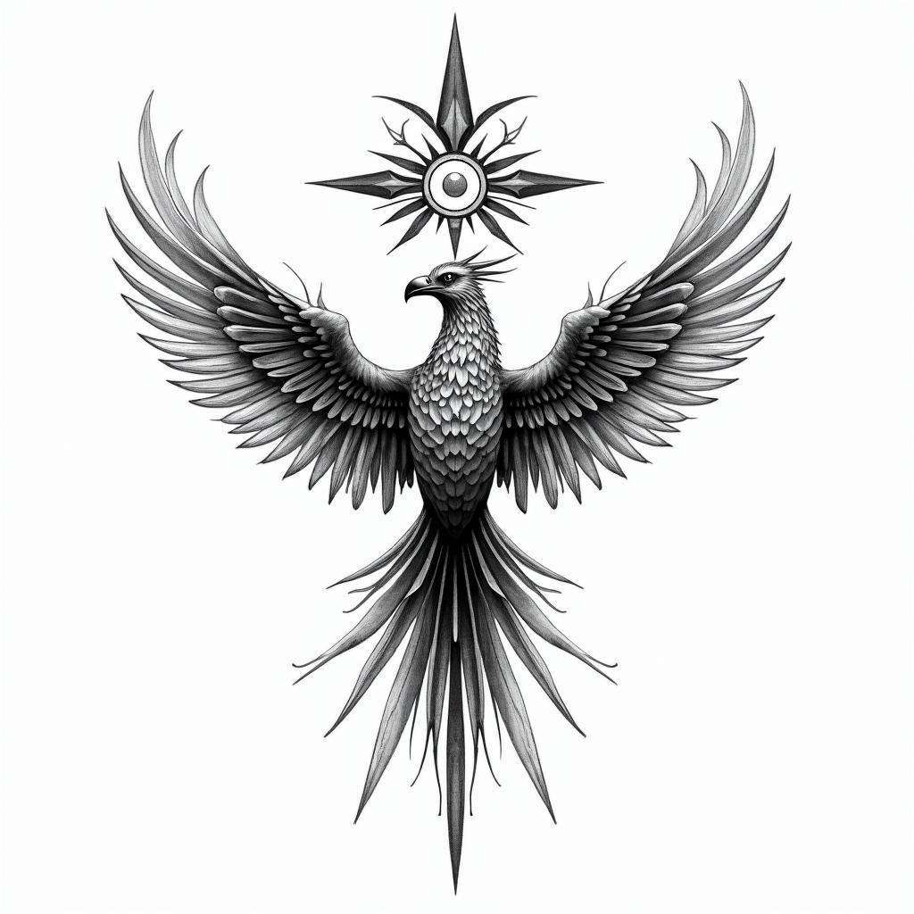 A realistic tattoo design featuring a blend of powerful symbols: an ankh, the Eye of Ra, the Eye of Horus, the Scorpio sign, and a cross. These symbols embody themes of rebirth, protection, and faith, representing a journey to a new life. Additionally, include a majestic phoenix rising, symbolizing transformation and renewal, all intertwining in an elegant composition that tells the story of overcoming adversity and invoking ancestral strength.higly detailed tattoo - Variation 2