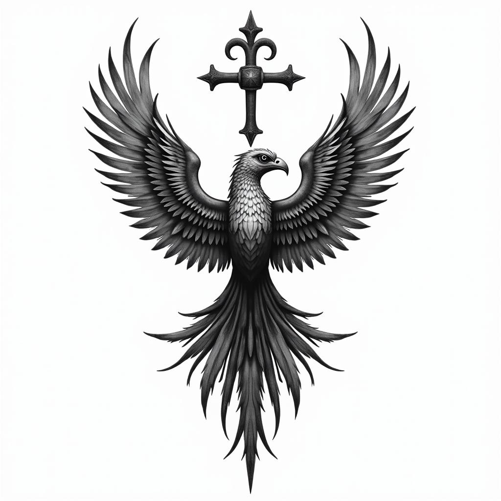 A realistic tattoo design featuring a blend of powerful symbols: an ankh, the Eye of Ra, the Eye of Horus, the Scorpio sign, and a cross. These symbols embody themes of rebirth, protection, and faith, representing a journey to a new life. Additionally, include a majestic phoenix rising, symbolizing transformation and renewal, all intertwining in an elegant composition that tells the story of overcoming adversity and invoking ancestral strength.higly detailed tattoo