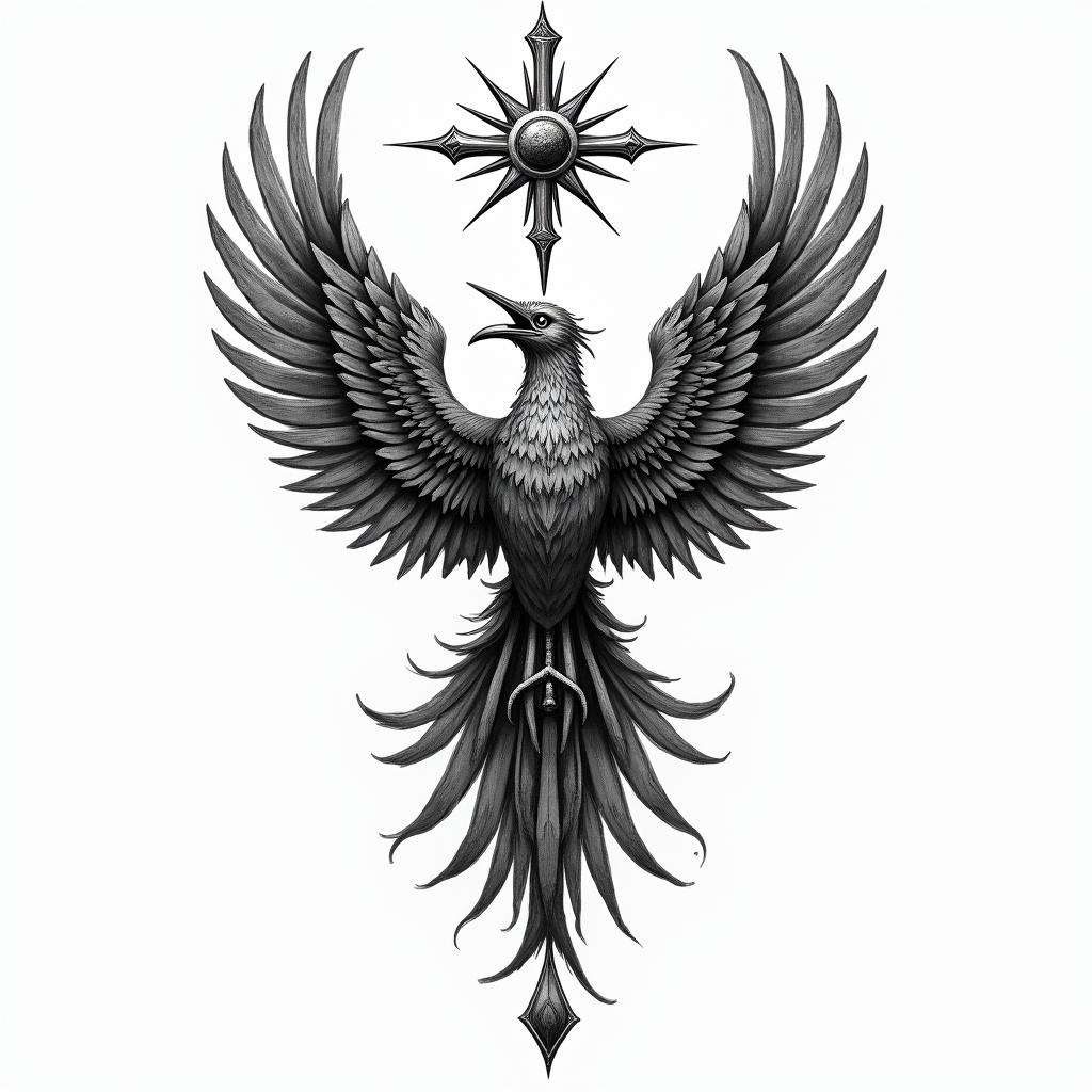 A realistic tattoo design featuring a blend of powerful symbols: an ankh, the Eye of Ra, the Eye of Horus, the Scorpio sign, and a cross. These symbols embody themes of rebirth, protection, and faith, representing a journey to a new life. Additionally, include a majestic phoenix rising, symbolizing transformation and renewal, all intertwining in an elegant composition that tells the story of overcoming adversity and invoking ancestral strength.higly detailed tattoo - Variation 4