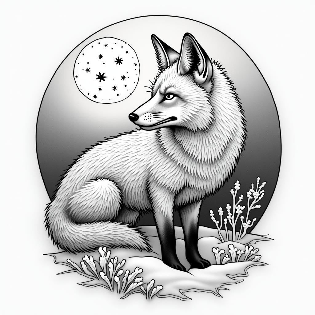 A fox in a snowy landscape under the full moon. In its eyes, there are the constellations of Capricorn and Sagittarius.in japanese style tattoo, detailed tattoo, traditional japanese culture tattoo, mythology, 8k - Variation 7