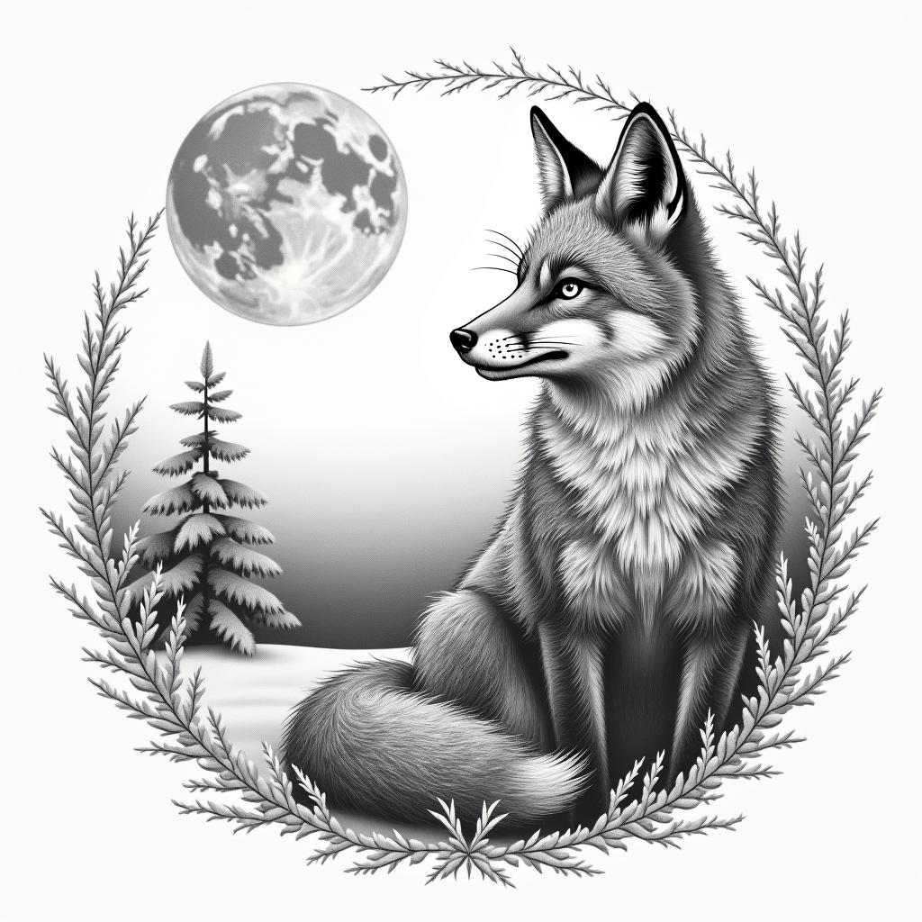 A fox in a snowy landscape under the full moon. In its eyes, there are the constellations of Capricorn and Sagittarius.in japanese style tattoo, detailed tattoo, traditional japanese culture tattoo, mythology, 8k - Variation 6