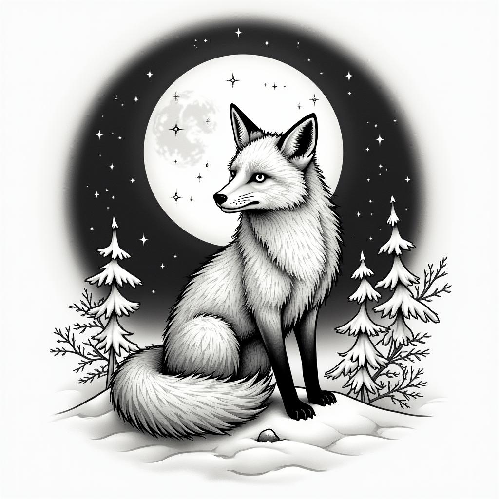 A fox in a snowy landscape under the full moon. In its eyes, there are the constellations of Capricorn and Sagittarius.in japanese style tattoo, detailed tattoo, traditional japanese culture tattoo, mythology, 8k - Variation 5