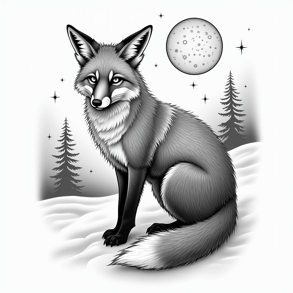 A fox in a snowy landscape under the full moon. In its eyes, there are the constellations of Capricorn and Sagittarius.in japanese style tattoo, detailed tattoo, traditional japanese culture tattoo, mythology, 8k - Variation 8