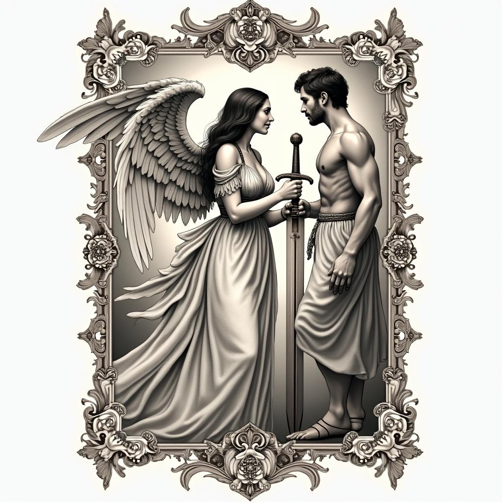 A female angel giving a sword to a man.in victorian style tattoo, featuring vintage and elegant elements, ornate frames, roses, antique, sepia-toned color scheme