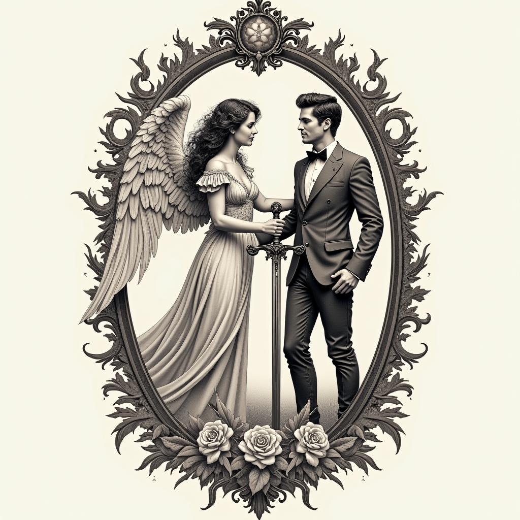 A female angel giving a sword to a man.in victorian style tattoo, featuring vintage and elegant elements, ornate frames, roses, antique, sepia-toned color scheme - Variation 2