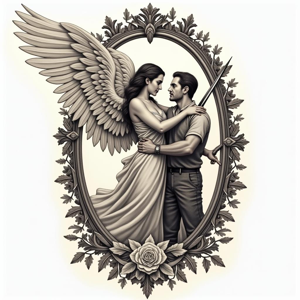 A female angel giving a sword to a man.in victorian style tattoo, featuring vintage and elegant elements, ornate frames, roses, antique, sepia-toned color scheme - Variation 3