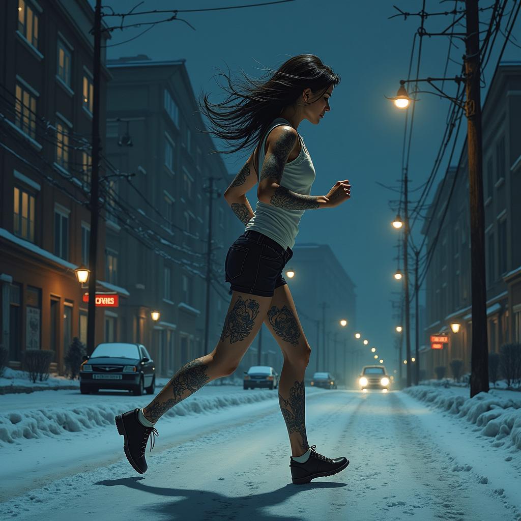 An artistic tattoo interpretation of an anorexic woman running at night, side angle view, with elements of cold urban scenery, showcasing the haunting beauty of the night.undefined - Variation 1