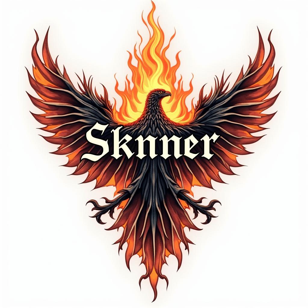 The name skinnerback in gothic textin flame tattoo style showcasing fiery elements with dynamic flame patterns, glowing effect of flames, natural colors - Variation 2