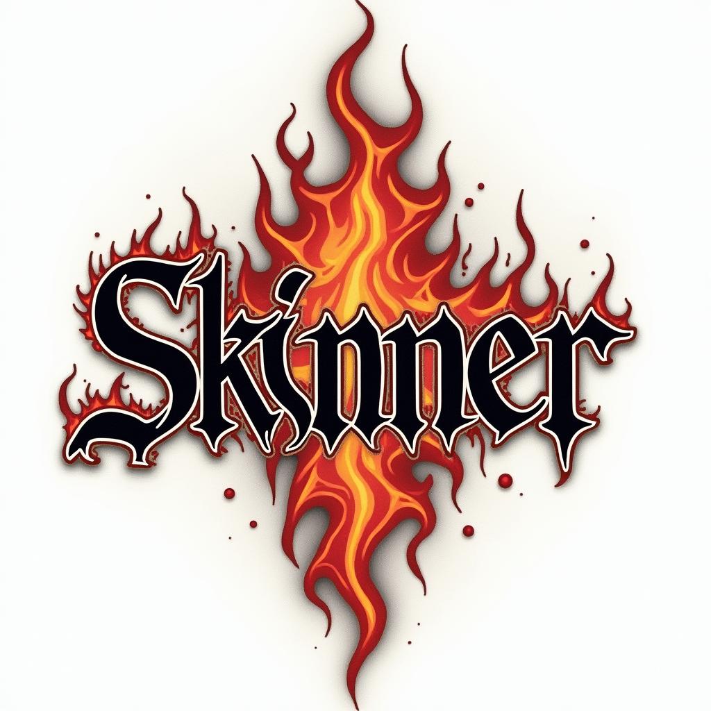 The name skinnerback in gothic textin flame tattoo style showcasing fiery elements with dynamic flame patterns, glowing effect of flames, natural colors