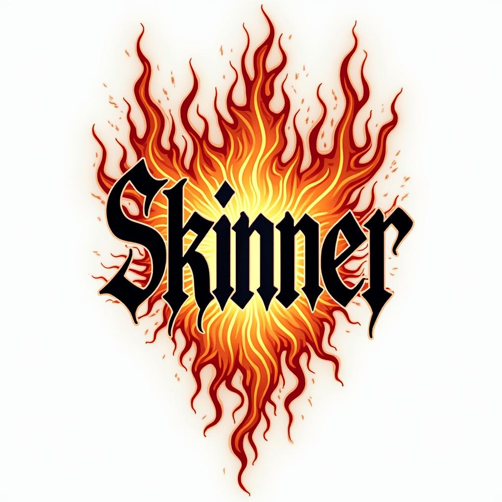 The name skinnerback in gothic textin flame tattoo style showcasing fiery elements with dynamic flame patterns, glowing effect of flames, natural colors - Variation 3