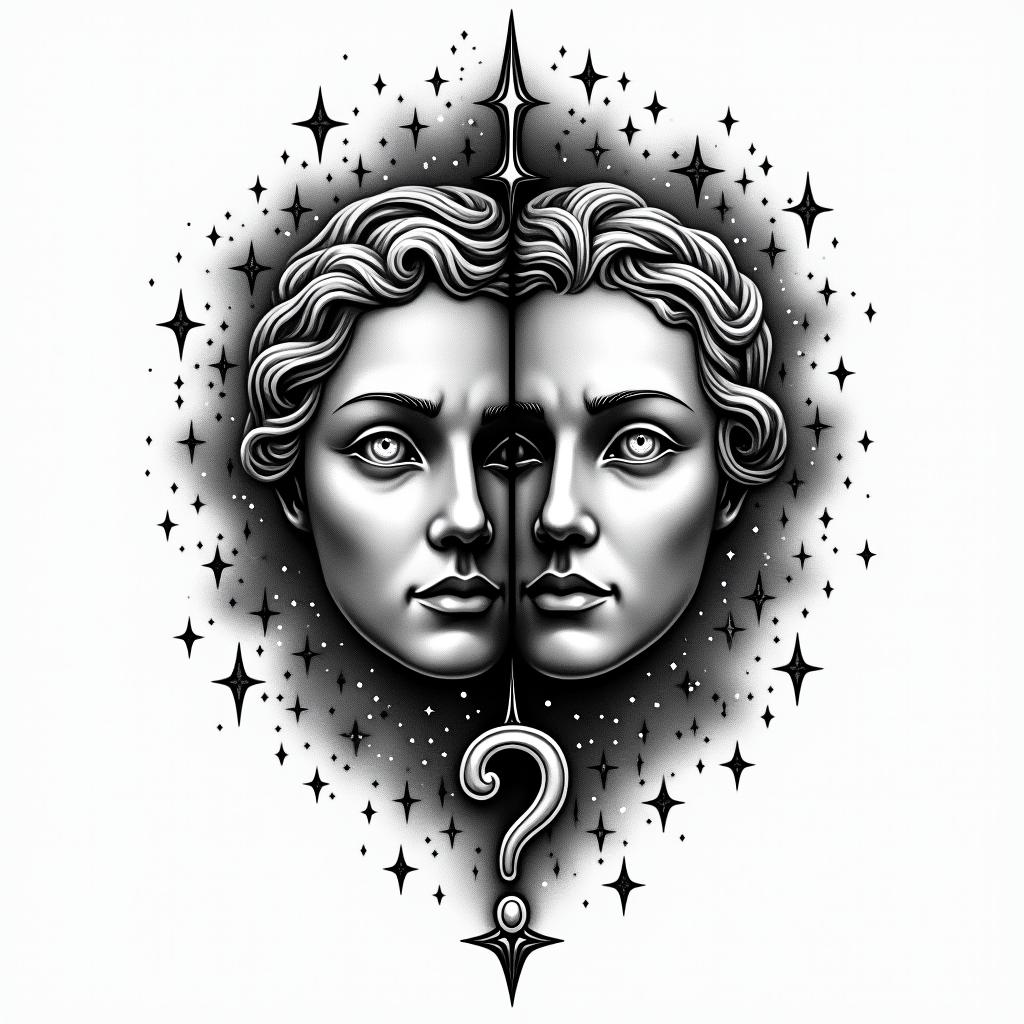 A tattoo design featuring a cosmic theme with stars and galaxies intertwined. In the foreground, the classic comedy and tragedy masks are prominently displayed, with a question mark elegantly integrated around them. This design symbolizes the transformative nature of the universe and incorporates themes of sobriety, stoicism, and the subjective nature of life.higly detailed tattoo - Variation 3