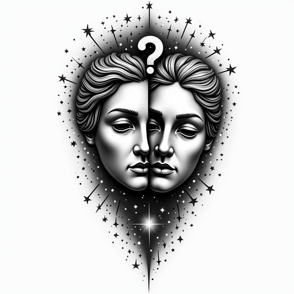 A tattoo design featuring a cosmic theme with stars and galaxies intertwined. In the foreground, the classic comedy and tragedy masks are prominently displayed, with a question mark elegantly integrated around them. This design symbolizes the transformative nature of the universe and incorporates themes of sobriety, stoicism, and the subjective nature of life.higly detailed tattoo - Variation 2