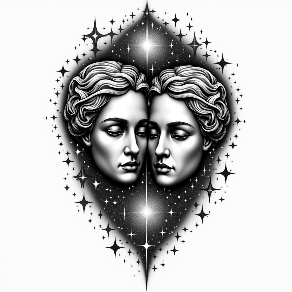 A tattoo design featuring a cosmic theme with stars and galaxies intertwined. In the foreground, the classic comedy and tragedy masks are prominently displayed, with a question mark elegantly integrated around them. This design symbolizes the transformative nature of the universe and incorporates themes of sobriety, stoicism, and the subjective nature of life.higly detailed tattoo - Variation 4