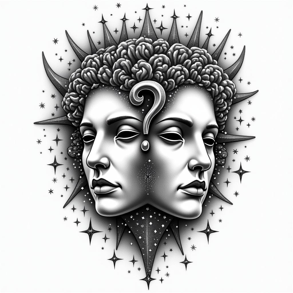 A tattoo design featuring a cosmic theme with stars and galaxies intertwined. In the foreground, the classic comedy and tragedy masks are prominently displayed, with a question mark elegantly integrated around them. This design symbolizes the transformative nature of the universe and incorporates themes of sobriety, stoicism, and the subjective nature of life.higly detailed tattoo
