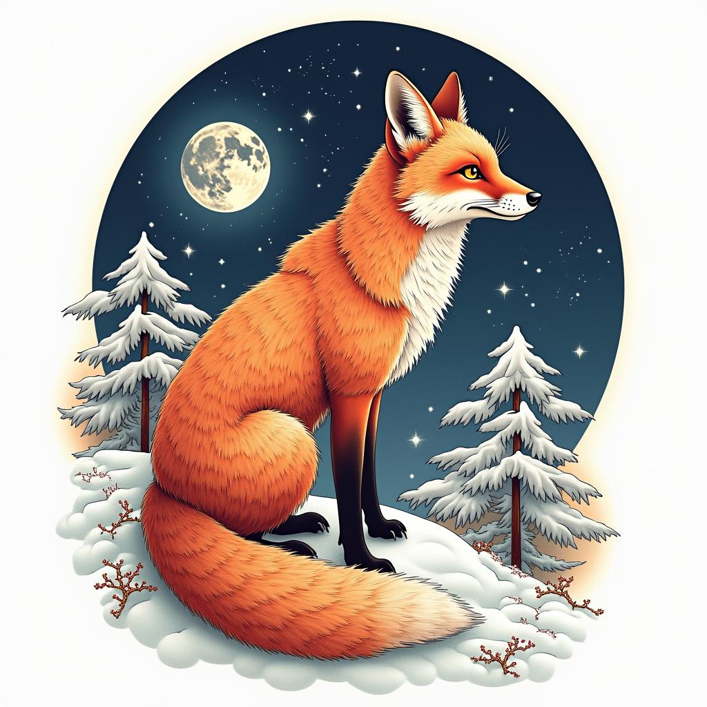 A fox in a snowy landscape under the full moon. In its eyes, there are the constellations of Capricorn and Sagittarius.in japanese style tattoo, detailed tattoo, traditional japanese culture tattoo, mythology, 8k - Variation 3