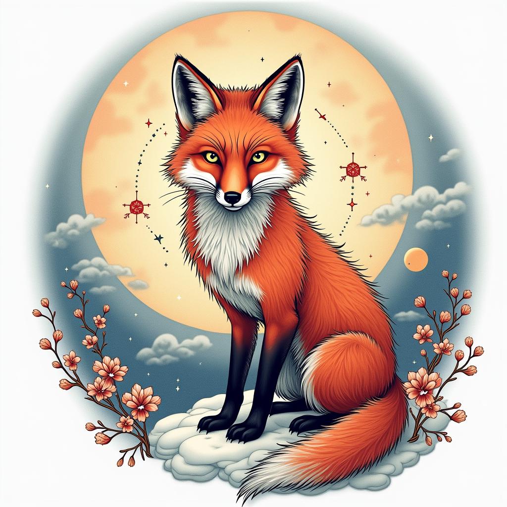 A fox in a snowy landscape under the full moon. In its eyes, there are the constellations of Capricorn and Sagittarius.in japanese style tattoo, detailed tattoo, traditional japanese culture tattoo, mythology, 8k - Variation 4