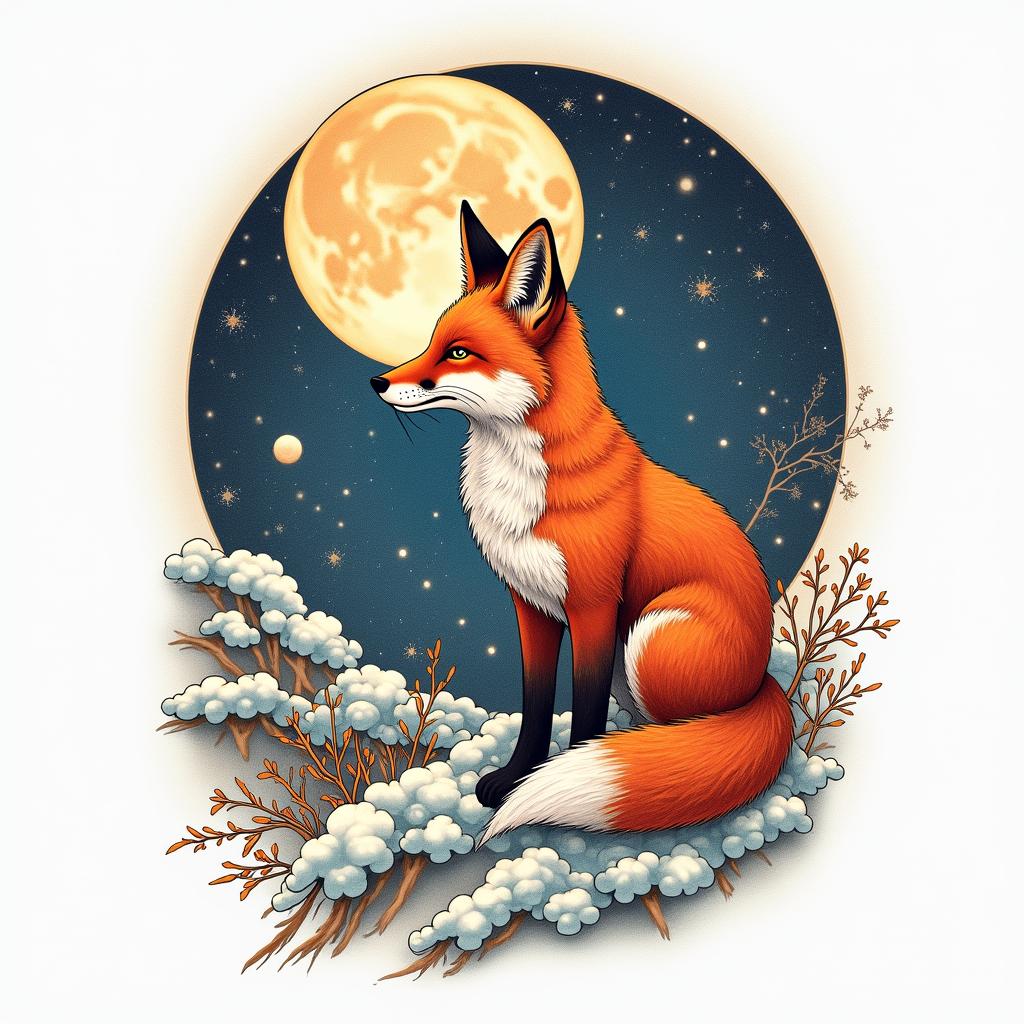 A fox in a snowy landscape under the full moon. In its eyes, there are the constellations of Capricorn and Sagittarius.in japanese style tattoo, detailed tattoo, traditional japanese culture tattoo, mythology, 8k - Variation 2