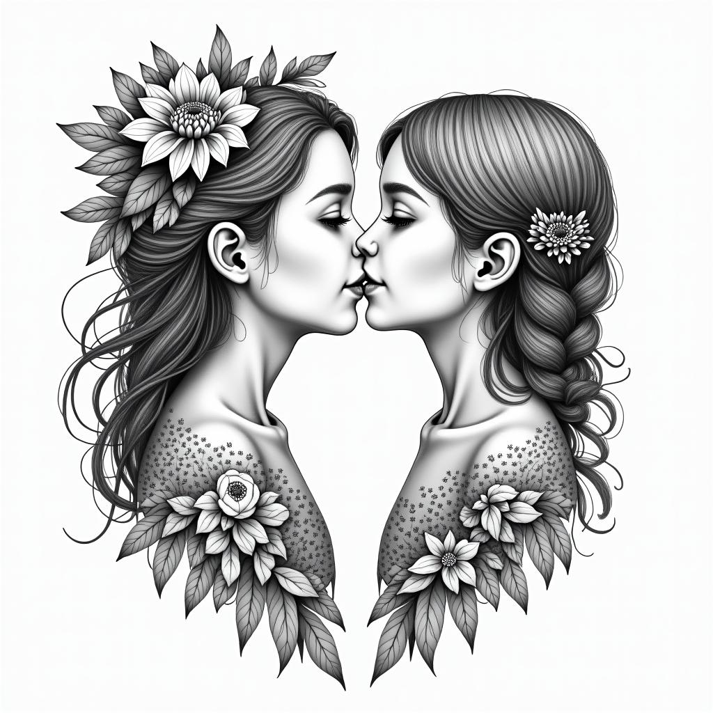 2 girls children love joy difficultyin ornamental tattoo style, featuring intricate symmetrical patterns and floral designs, showcasing highly detailed line work and geometric shapes, creating a sense of elegance and balance