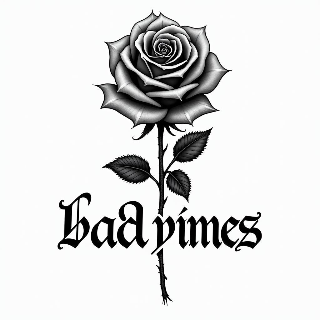 NO bad vibes with rosetext-based tattoo, gothic font ultra-realistic, perfectly placed, high-quality font design, photo-realistic shading, 8k, high quality, finely detailed typography - Variation 2