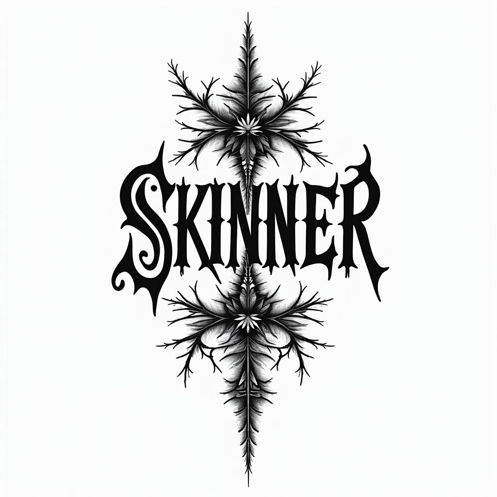 The name skinnerback in gothic texttext-based tattoo, gothic font ultra-realistic, perfectly placed, high-quality font design, photo-realistic shading, 8k, high quality, finely detailed typography - Variation 3