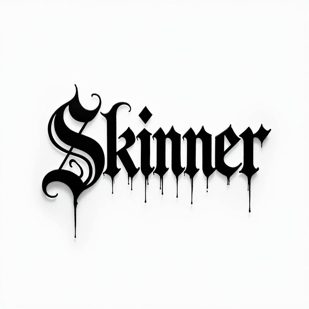 The name skinnerback in gothic texttext-based tattoo, gothic font ultra-realistic, perfectly placed, high-quality font design, photo-realistic shading, 8k, high quality, finely detailed typography