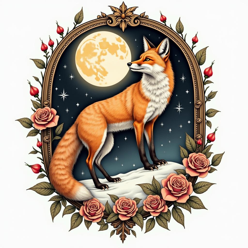 A fox in a snowy landscape under the full moon. In its eyes, there are the constellations of Capricorn and Sagittarius.in victorian style tattoo, featuring vintage and elegant elements, ornate frames, roses, antique, sepia-toned color scheme - Variation 8