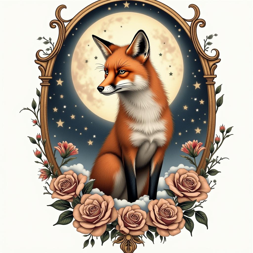 A fox in a snowy landscape under the full moon. In its eyes, there are the constellations of Capricorn and Sagittarius.in victorian style tattoo, featuring vintage and elegant elements, ornate frames, roses, antique, sepia-toned color scheme - Variation 4