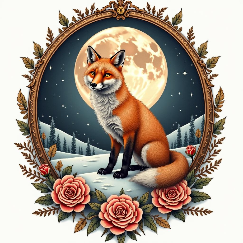 A fox in a snowy landscape under the full moon. In its eyes, there are the constellations of Capricorn and Sagittarius.in victorian style tattoo, featuring vintage and elegant elements, ornate frames, roses, antique, sepia-toned color scheme - Variation 5