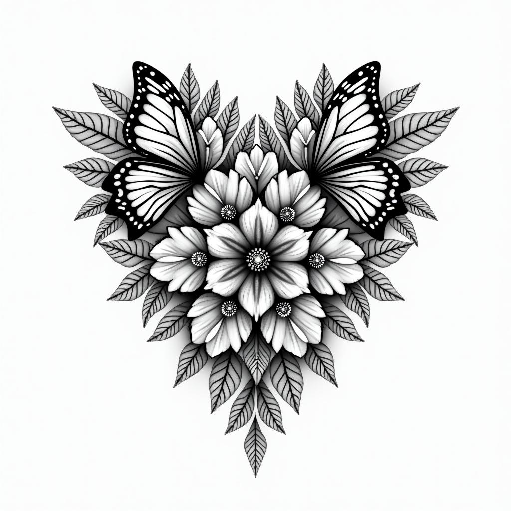 Flowers butterflies hearts in geometric style tattoo, blending hexagons, mandala-inspired patterns, symmetrical and fractal design, clean lines, sharp angles - Variation 3
