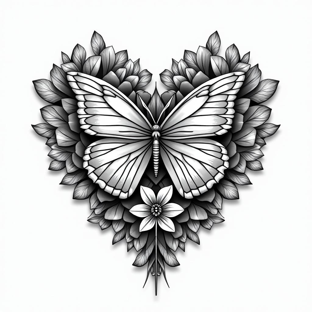 Flowers butterflies hearts in geometric style tattoo, blending hexagons, mandala-inspired patterns, symmetrical and fractal design, clean lines, sharp angles - Variation 1