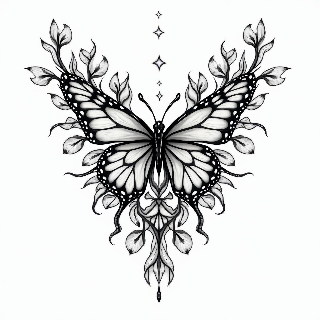 Flowers butterflies hearts in geometric style tattoo, blending hexagons, mandala-inspired patterns, symmetrical and fractal design, clean lines, sharp angles - Variation 2