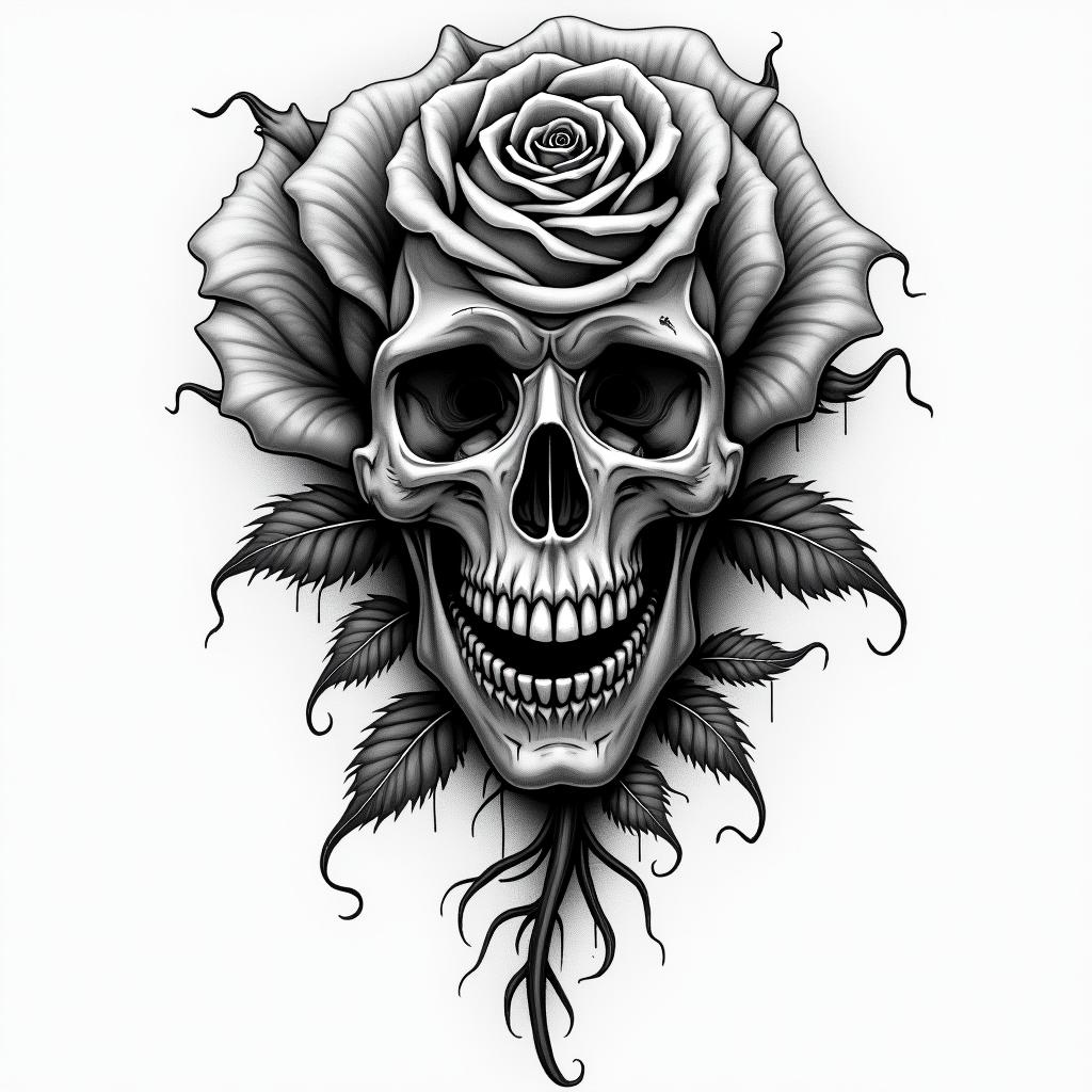 NO bad vibes with rose in horror tattoo style, showcasing haunting and unsettling, dark and gritty textures with skulls, eerie faces, jgged designs, bold and intense shading - Variation 4