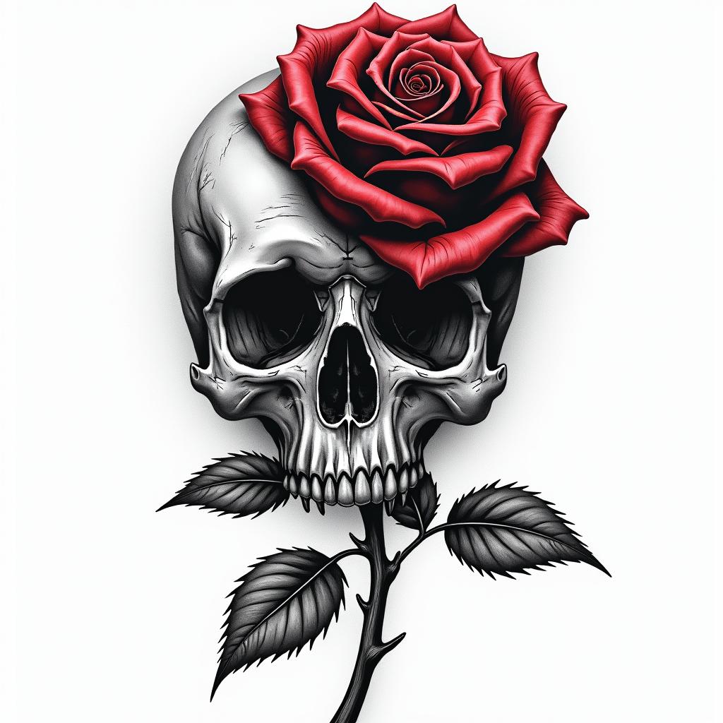 NO bad vibes with rose in horror tattoo style, showcasing haunting and unsettling, dark and gritty textures with skulls, eerie faces, jgged designs, bold and intense shading