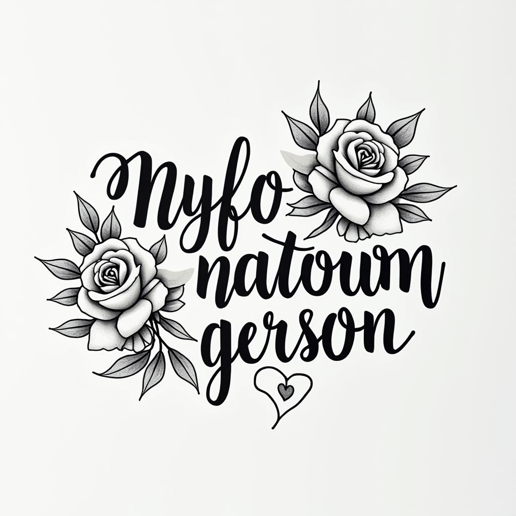 Words “my favorite personin elegant cursive calligraphy style 2d tattoo, decorate with roses, featuring a smooth and flowing handwritten script with slightly thickened strokes for a luxurious and bold appearance,  heart symbol between names,  sleek and glossy black text with shadowing, minimalist matte white background, clean and sharp edges, illuminated with soft lighting, romantic, 8k, high-quality textures with refined typography - Variation 4