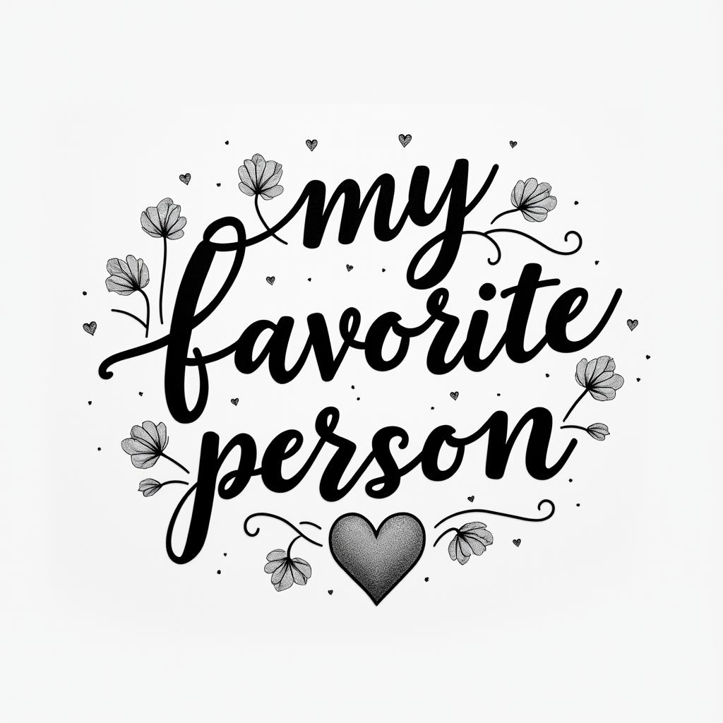 Words “my favorite personin elegant cursive calligraphy style 2d tattoo, decorate with roses, featuring a smooth and flowing handwritten script with slightly thickened strokes for a luxurious and bold appearance,  heart symbol between names,  sleek and glossy black text with shadowing, minimalist matte white background, clean and sharp edges, illuminated with soft lighting, romantic, 8k, high-quality textures with refined typography - Variation 2