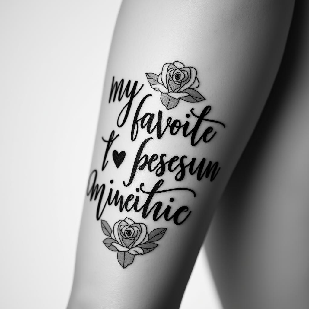 Words “my favorite personin elegant cursive calligraphy style 2d tattoo, decorate with roses, featuring a smooth and flowing handwritten script with slightly thickened strokes for a luxurious and bold appearance,  heart symbol between names,  sleek and glossy black text with shadowing, minimalist matte white background, clean and sharp edges, illuminated with soft lighting, romantic, 8k, high-quality textures with refined typography - Variation 3