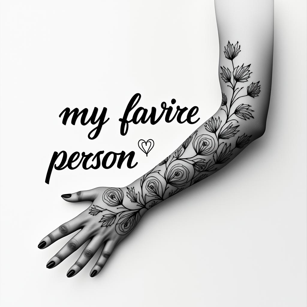 Words “my favorite personin elegant cursive calligraphy style 2d tattoo, decorate with roses, featuring a smooth and flowing handwritten script with slightly thickened strokes for a luxurious and bold appearance,  heart symbol between names,  sleek and glossy black text with shadowing, minimalist matte white background, clean and sharp edges, illuminated with soft lighting, romantic, 8k, high-quality textures with refined typography