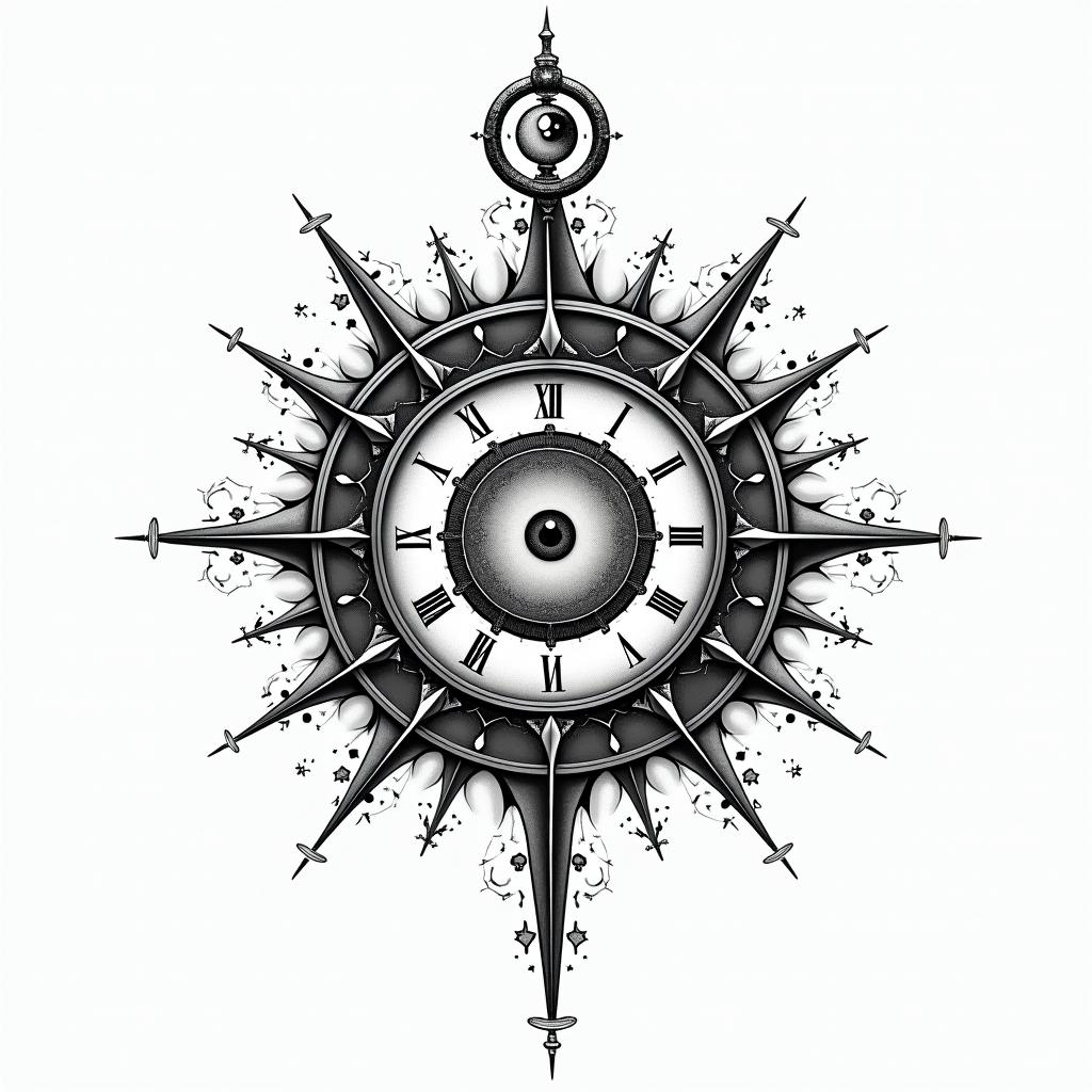 Familly, clock, cosmic,in prophecy tattoo style, featuring mystical symbols, celestial imagery like stars, moons, suns, geometric patterns, foretelling elements, an eye of wisdom