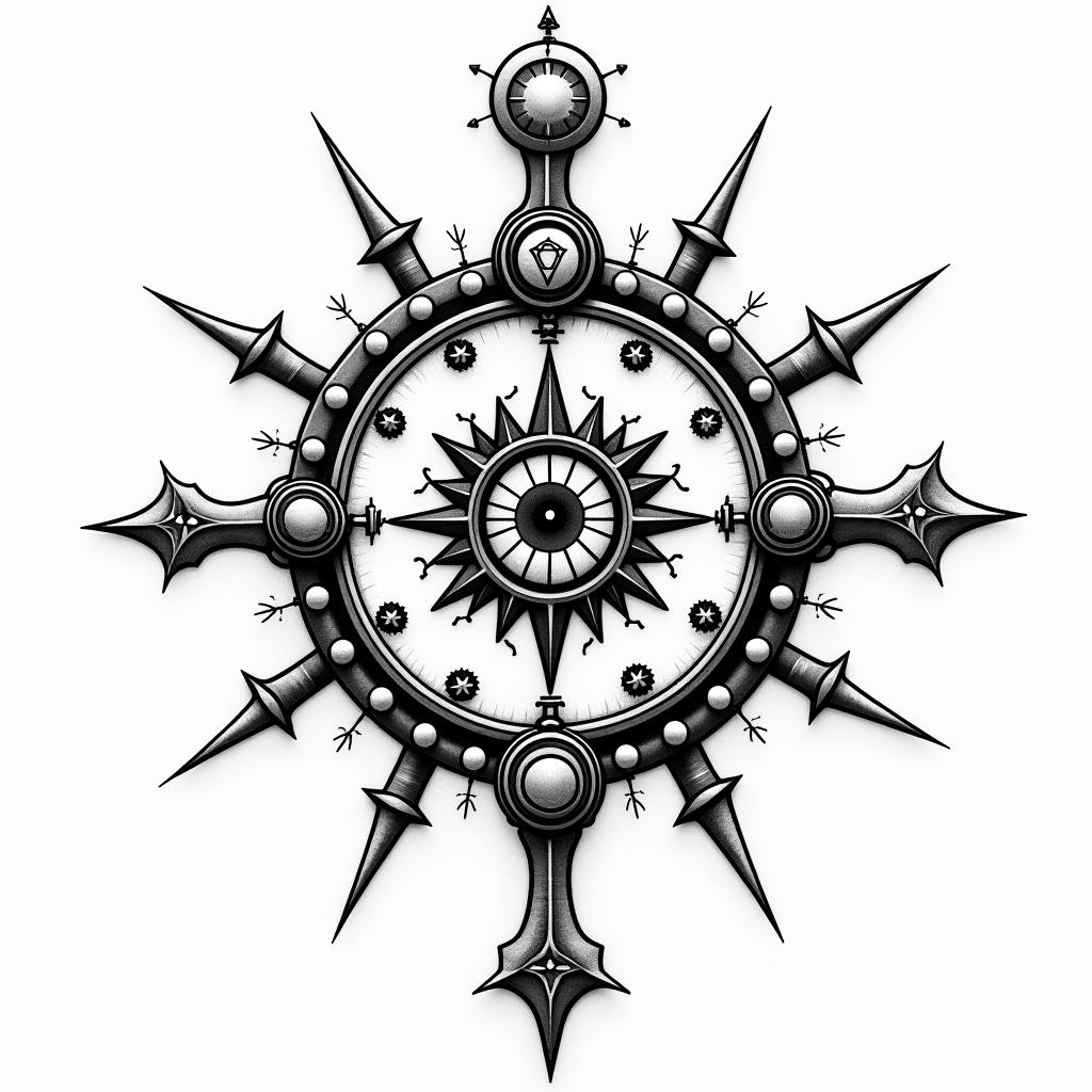 Familly, clock, cosmic,in prophecy tattoo style, featuring mystical symbols, celestial imagery like stars, moons, suns, geometric patterns, foretelling elements, an eye of wisdom - Variation 3