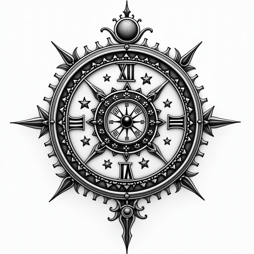 Familly, clock, cosmic,in prophecy tattoo style, featuring mystical symbols, celestial imagery like stars, moons, suns, geometric patterns, foretelling elements, an eye of wisdom - Variation 4