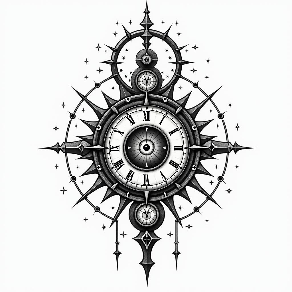 Familly, clock, cosmic,in prophecy tattoo style, featuring mystical symbols, celestial imagery like stars, moons, suns, geometric patterns, foretelling elements, an eye of wisdom - Variation 2