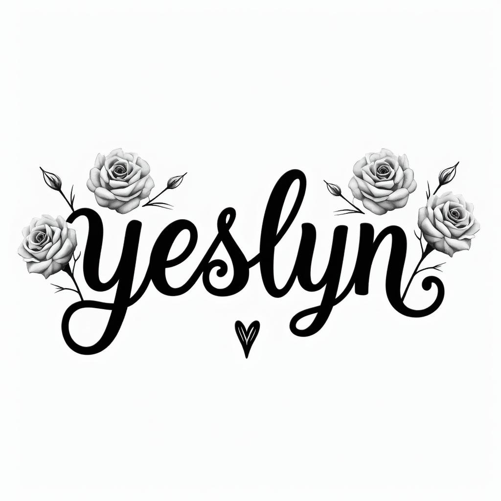 Name: yeslynin elegant cursive calligraphy style 2d tattoo, decorate with roses, featuring a smooth and flowing handwritten script with slightly thickened strokes for a luxurious and bold appearance,  heart symbol between names,  sleek and glossy black text with shadowing, minimalist matte white background, clean and sharp edges, illuminated with soft lighting, romantic, 8k, high-quality textures with refined typography - Variation 3