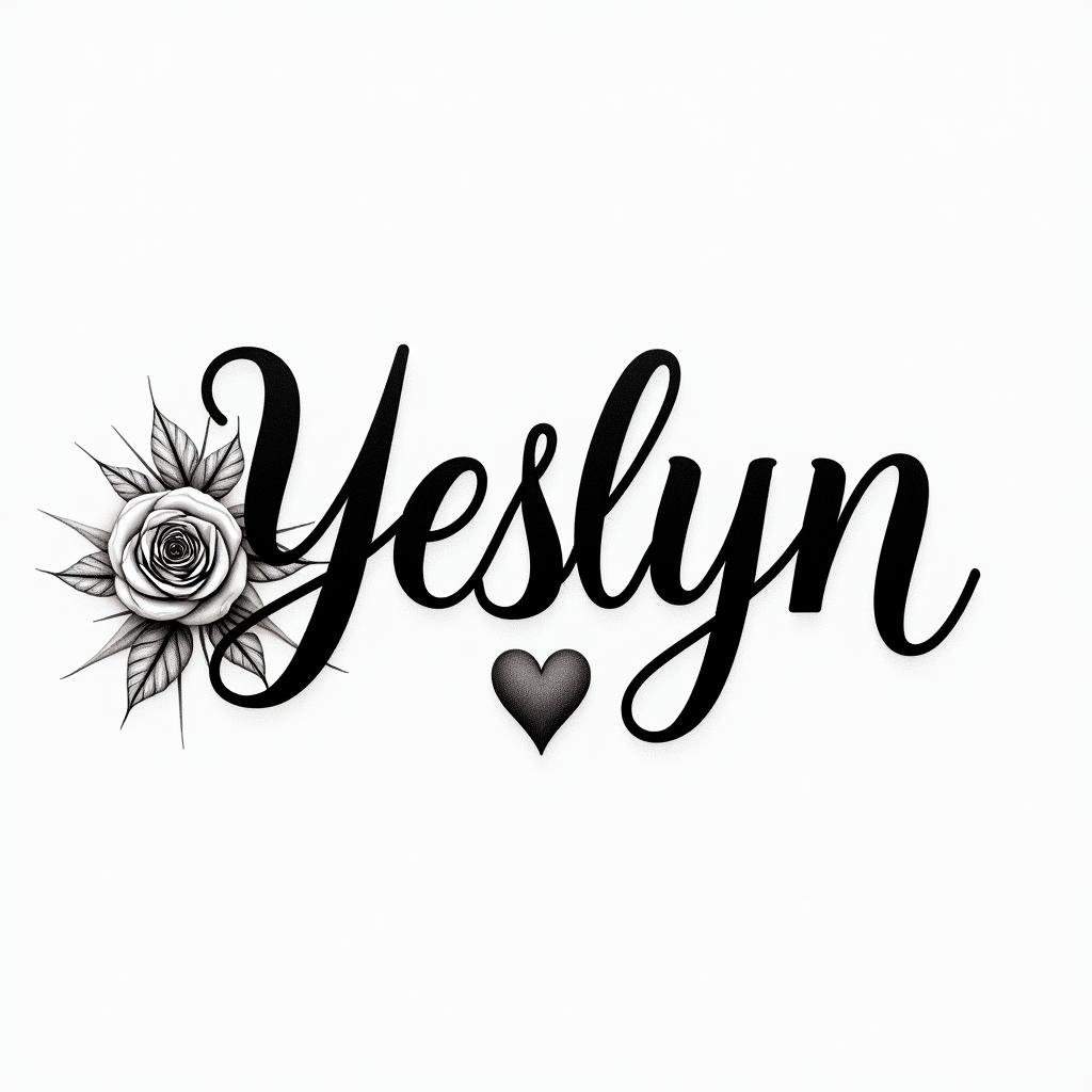 Name: yeslynin elegant cursive calligraphy style 2d tattoo, decorate with roses, featuring a smooth and flowing handwritten script with slightly thickened strokes for a luxurious and bold appearance,  heart symbol between names,  sleek and glossy black text with shadowing, minimalist matte white background, clean and sharp edges, illuminated with soft lighting, romantic, 8k, high-quality textures with refined typography - Variation 2