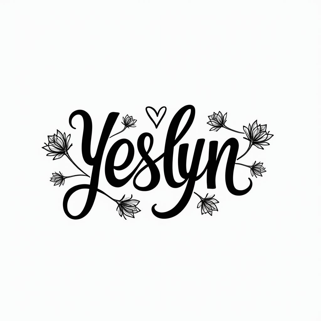 Name: yeslynin elegant cursive calligraphy style 2d tattoo, decorate with roses, featuring a smooth and flowing handwritten script with slightly thickened strokes for a luxurious and bold appearance,  heart symbol between names,  sleek and glossy black text with shadowing, minimalist matte white background, clean and sharp edges, illuminated with soft lighting, romantic, 8k, high-quality textures with refined typography