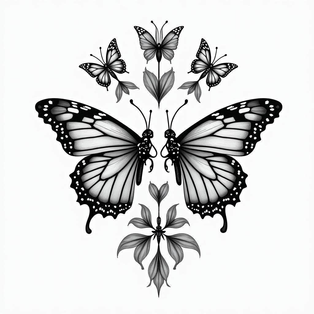 Flowers butterflies hearts in geometric style tattoo, blending hexagons, mandala-inspired patterns, symmetrical and fractal design, clean lines, sharp angles - Variation 6